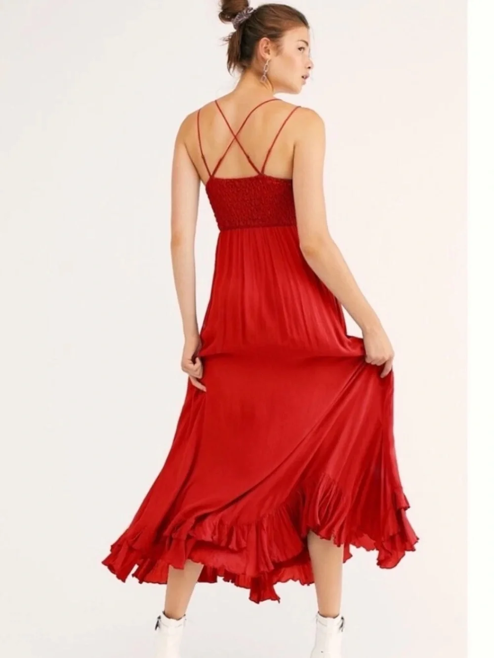 Free People Adella Red Lace-Trim Maxi Dress